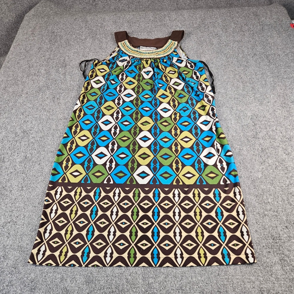 Another Thyme Beaded Geometric Diamond Print Sleeveless Shift Dress Brown Blue 8